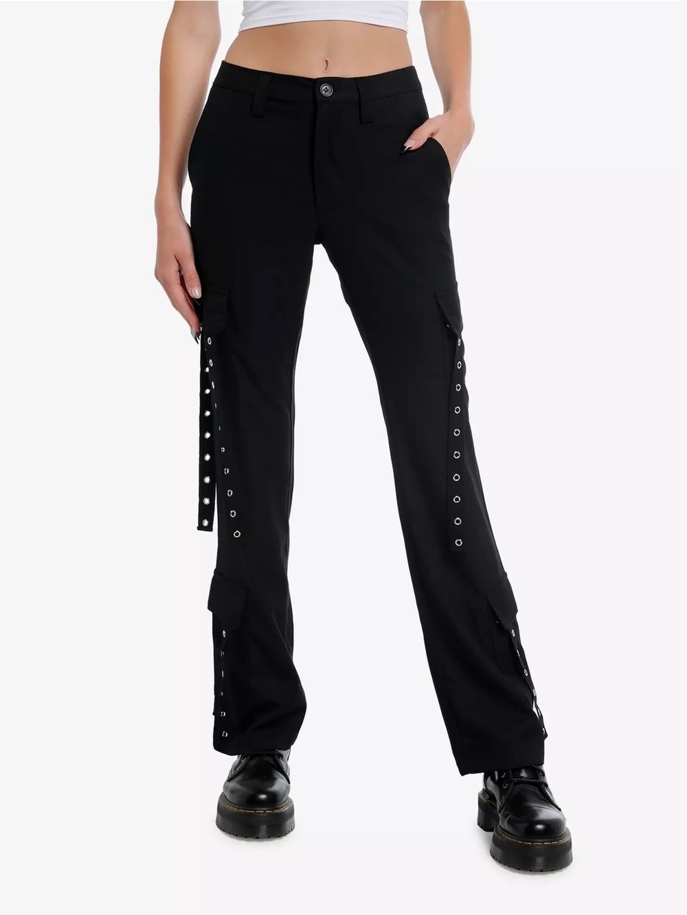 Hot Topic Black Flared Cargo Pants with Grommet Straps